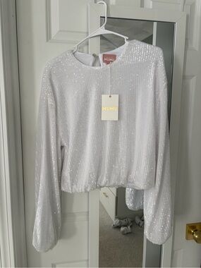 Show Me Your MuMu White Sequin Long-Sleeve Crop Top